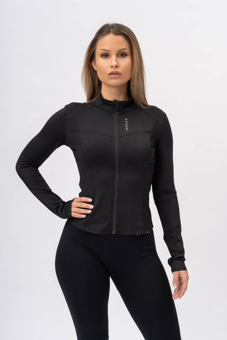 Women's SLEEK Zip Jacket black — front view, slim athletic fit