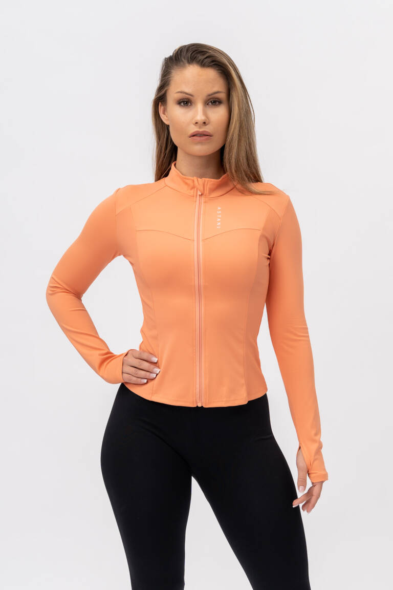 Women's SLEEK Zip Jacket coral — front view, slim athletic fit