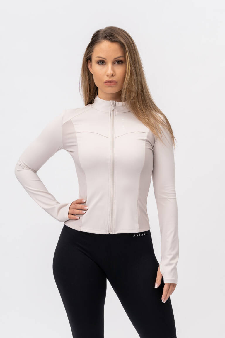 Women's SLEEK Zip Jacket beige — front view, slim athletic fit