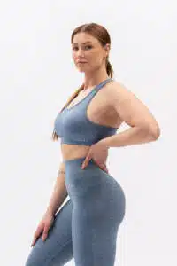 Close-up of BLISS Top Blue fabric — 90% nylon, 10% spandex
