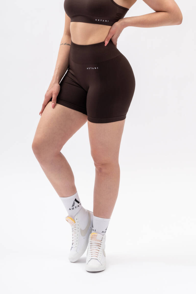 Women's BLISS Scrunch Shorts dark brown — front view, no front seam