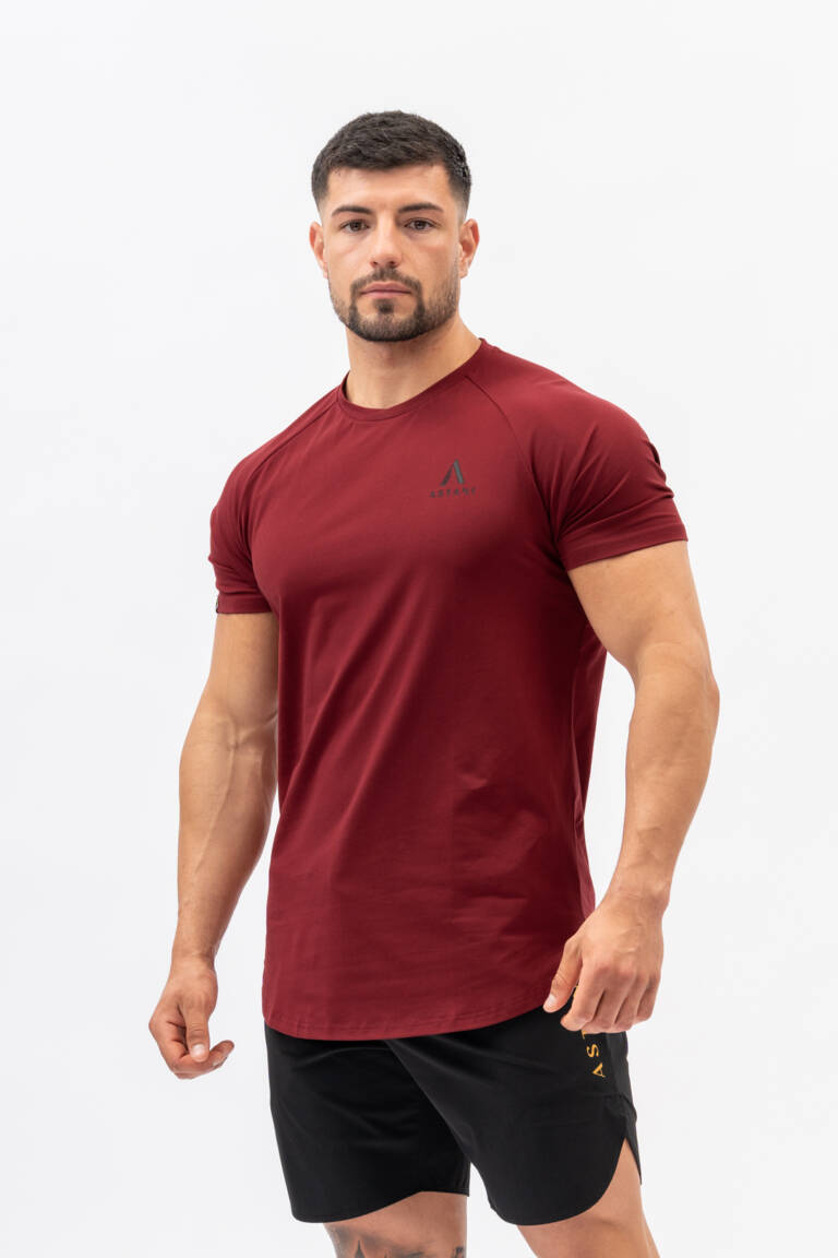 Men's Burgundy workout t-shirt — CODE front view, athletic fit