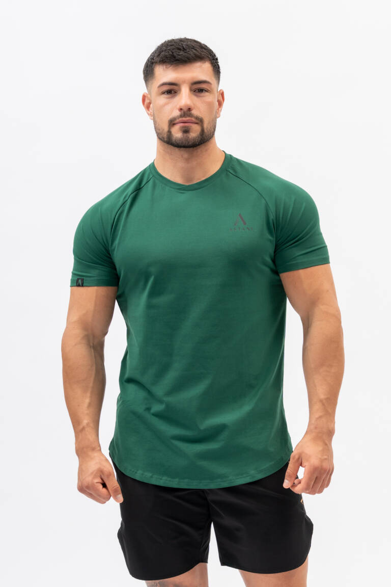 Men's Dark Green workout t-shirt — CODE front view, athletic fit