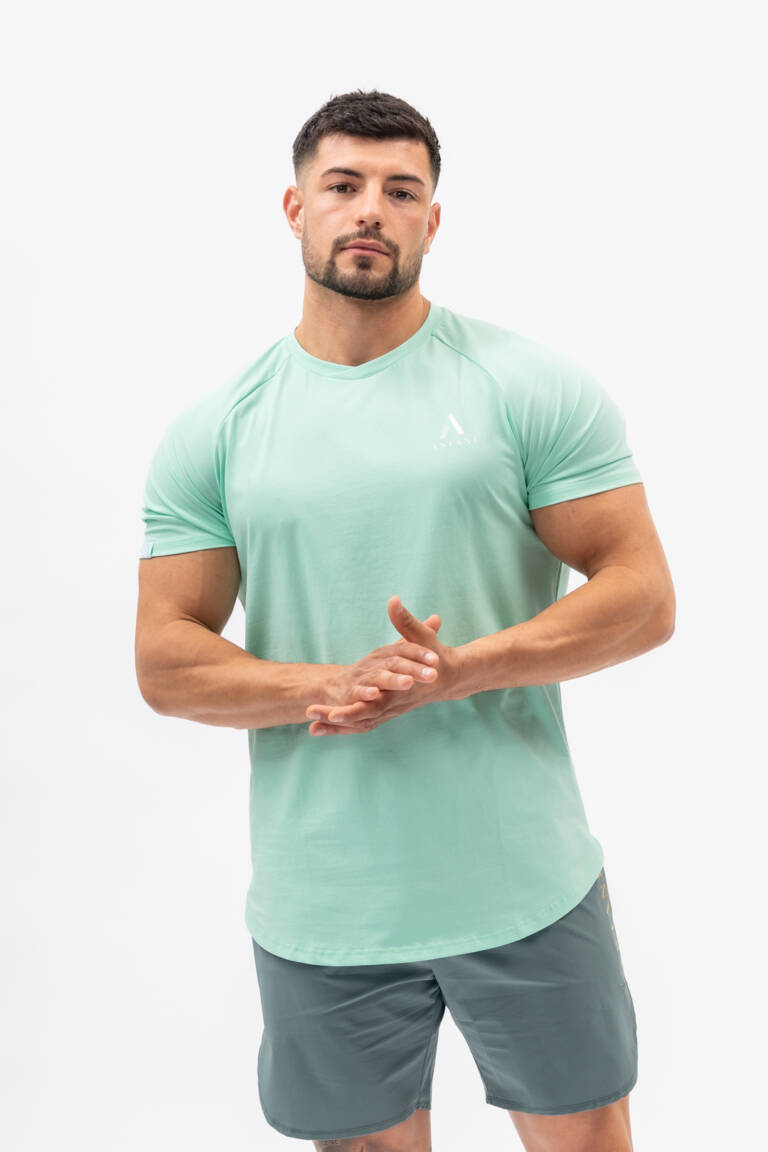 Men's Mint workout t-shirt — CODE front view, athletic fit
