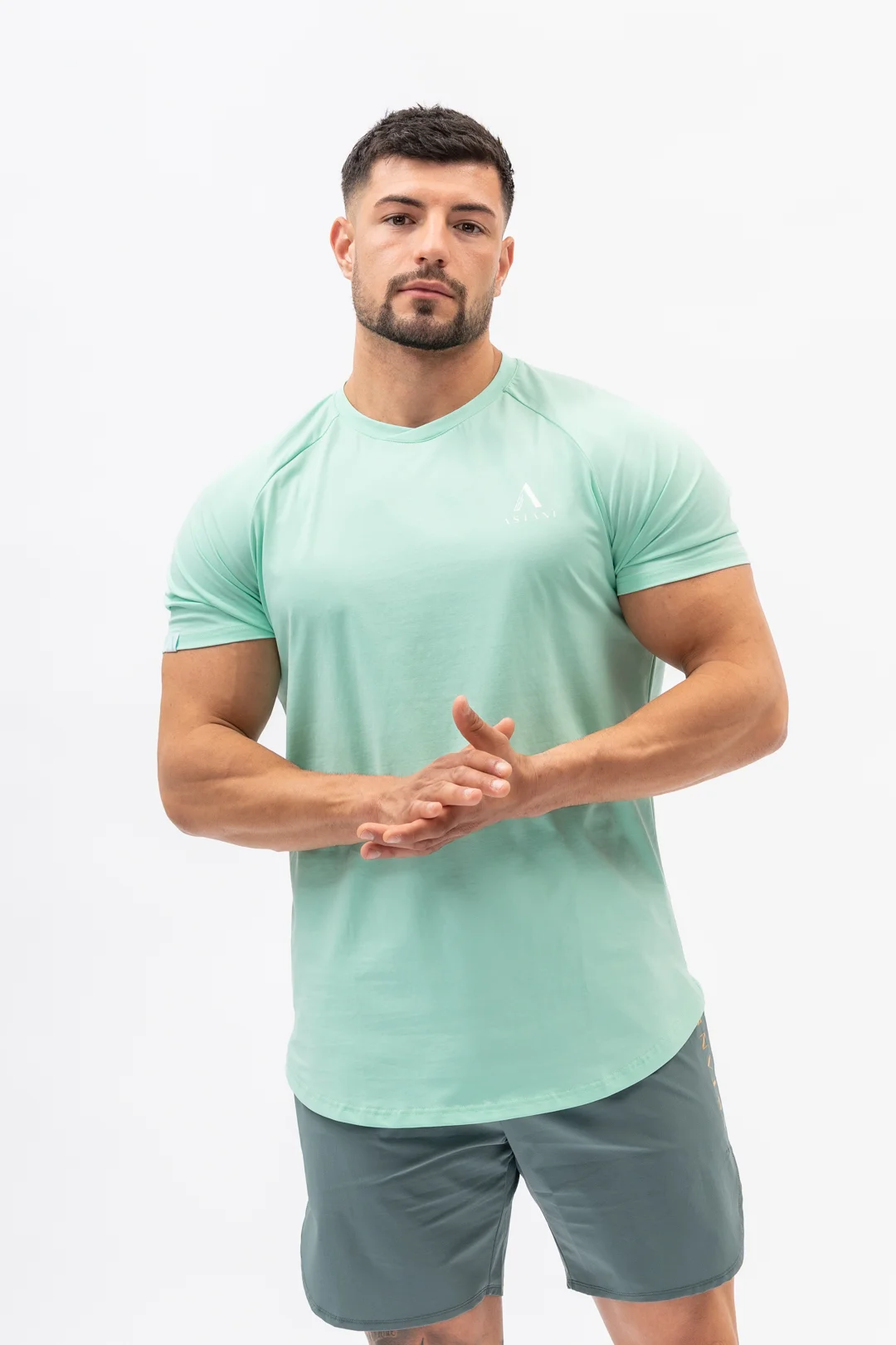 Men's Mint workout t-shirt — CODE front view, athletic fit