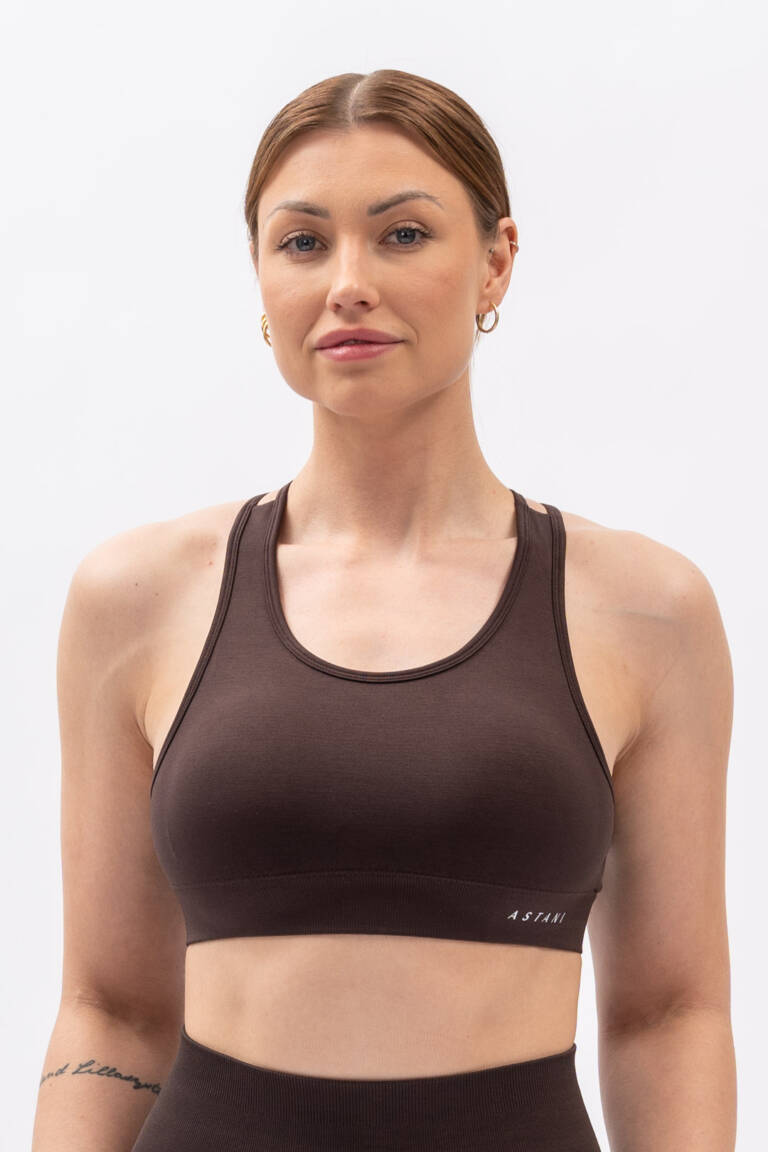 Women's BLISS Top dark brown spaghetti-strap sports bra — front view, snug fit